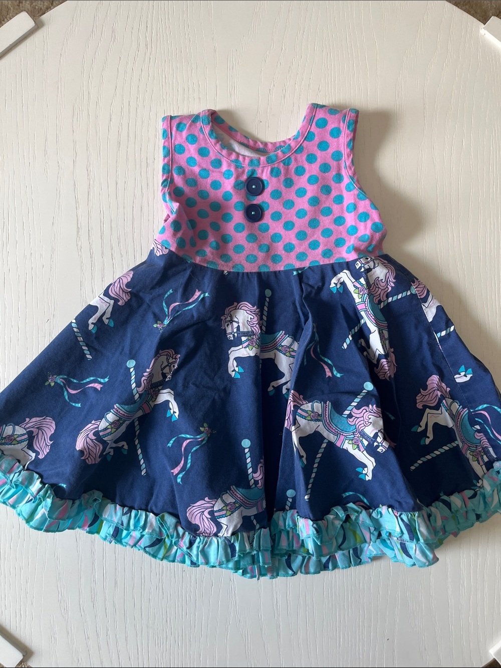 Eleanor Rose Navy Blue & Pink Carousel Unicorn Polka Dot Dress